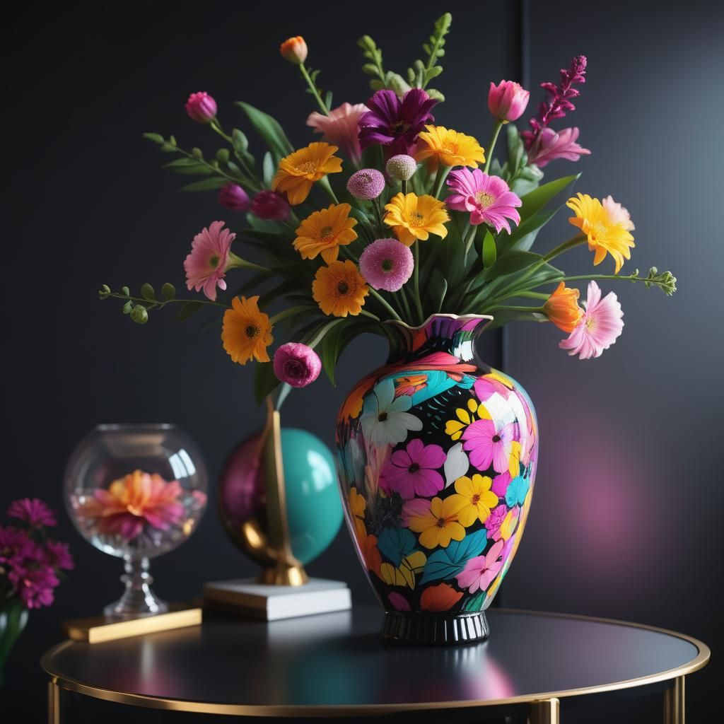 Pop Mart Vase with Exotic Flowers, Hyper-Realistic Art