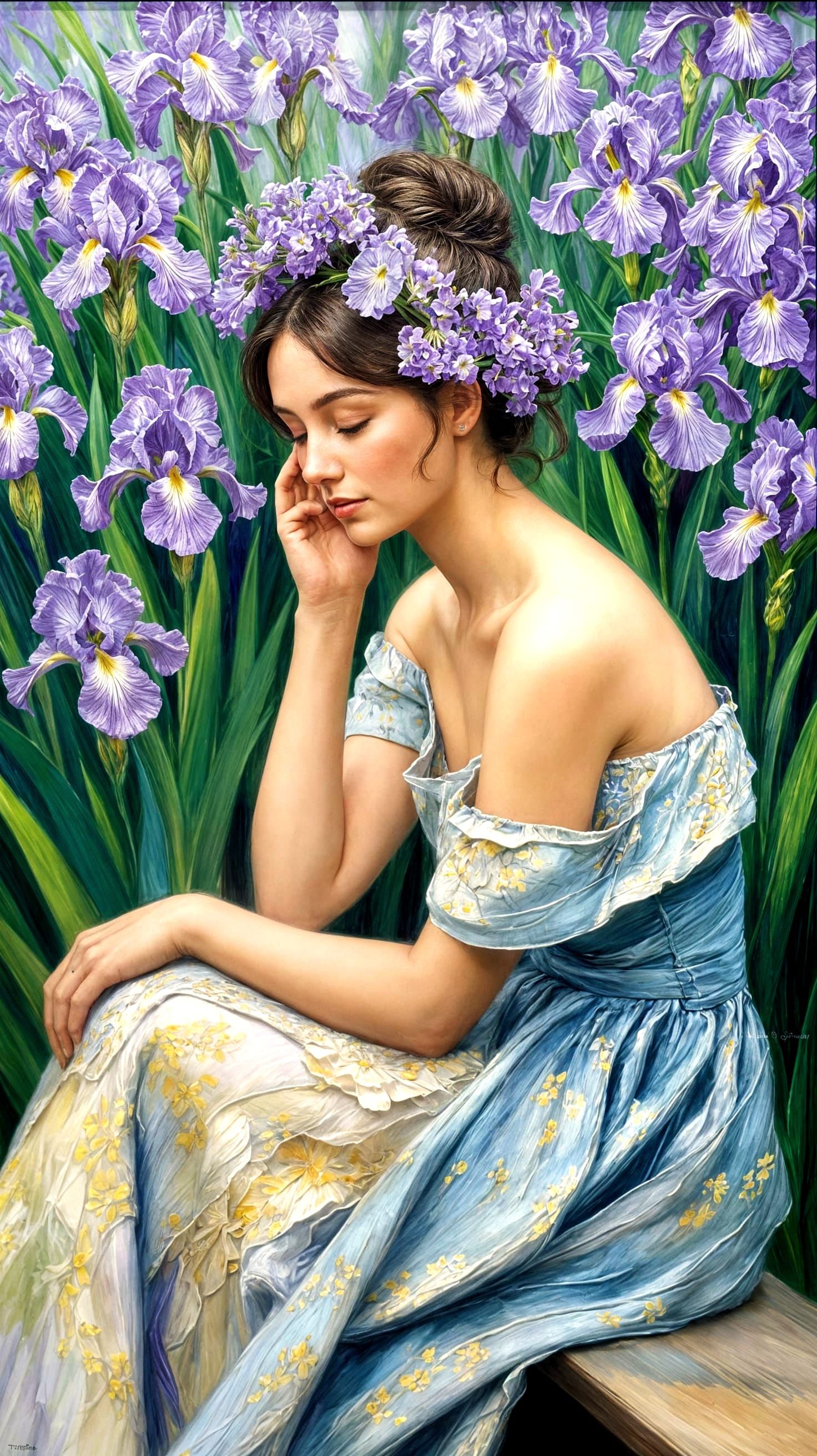 Woman with Iris Flowers in Impressionistic Garden