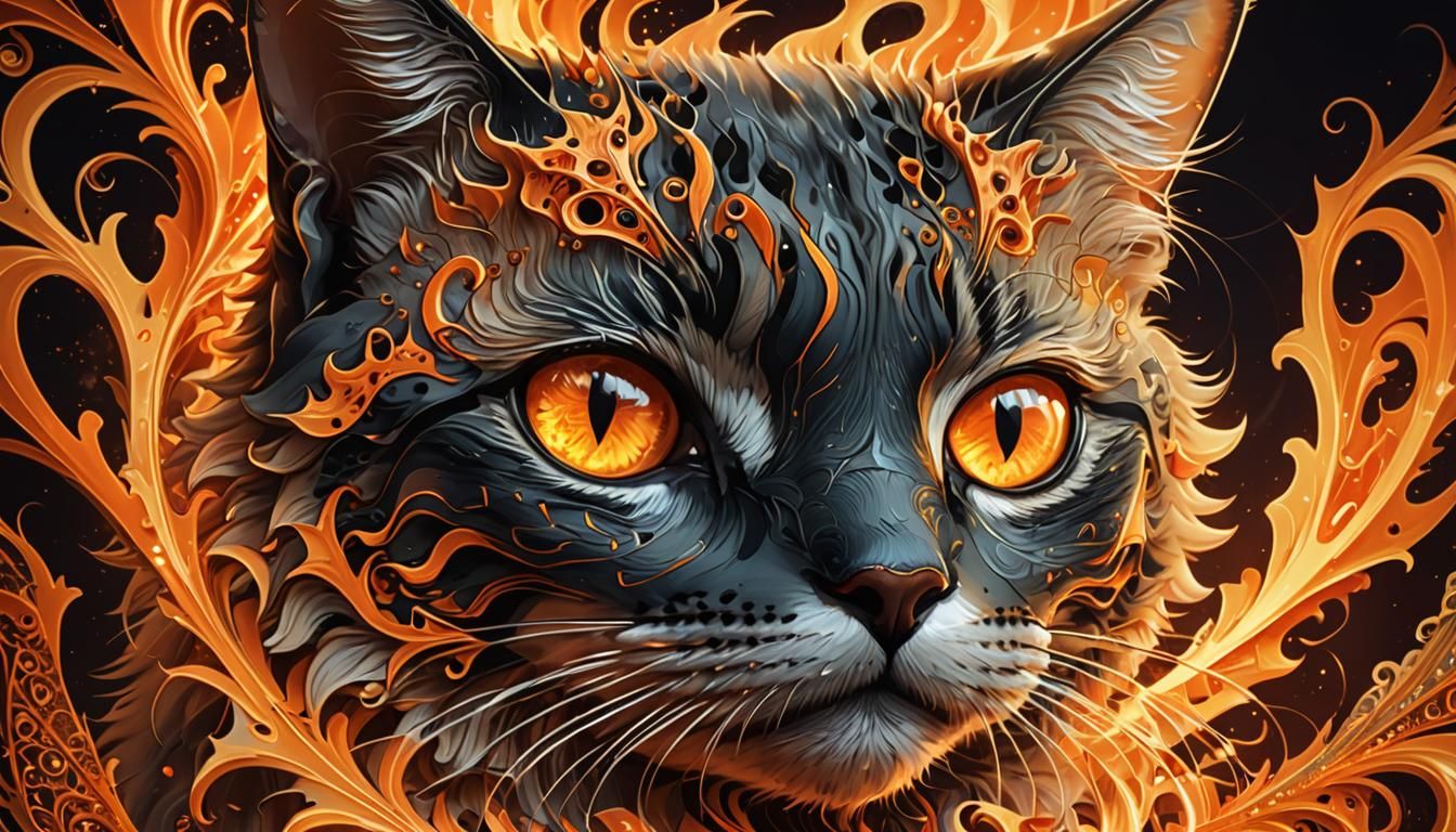 Fiery Anime Cat Fractal Art in 8k
