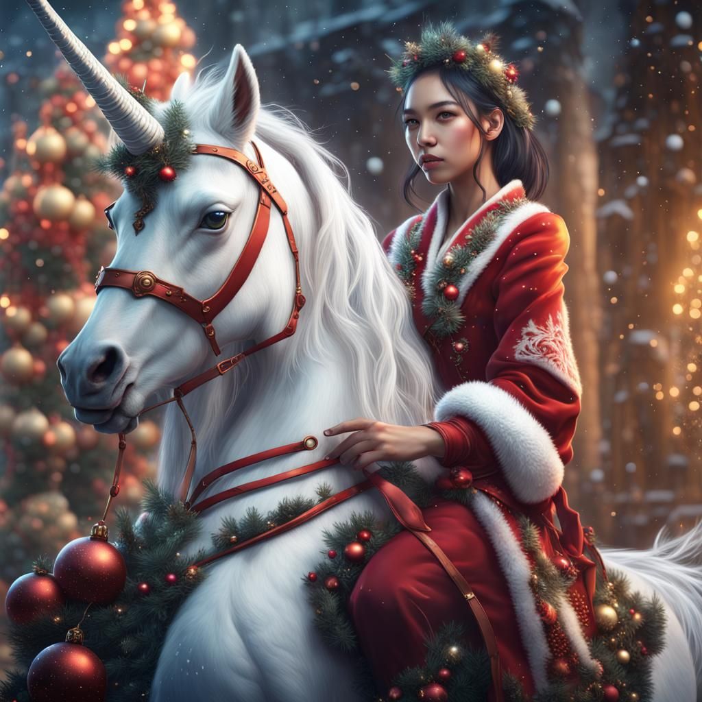 Girl Riding a Unicorn in Christmas Fantasy Art