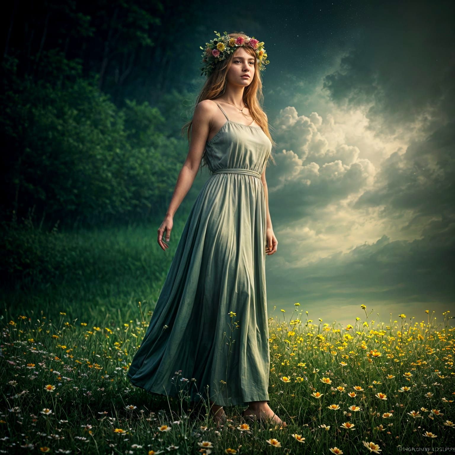 Mother Earth Personified: A Hyperrealistic Meadow Walk