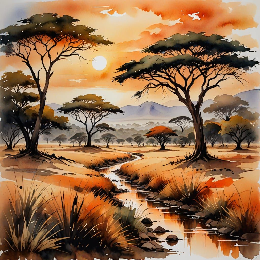 Vibrant Orange African Landscape in Watercolor Style