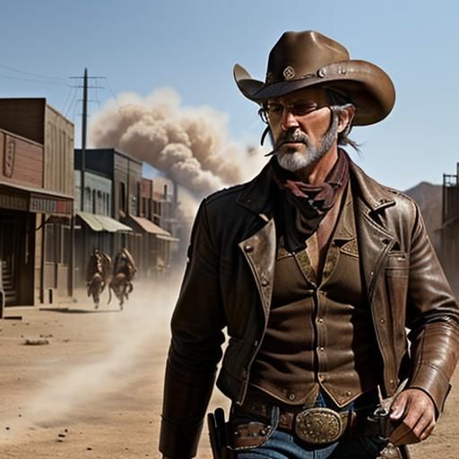 Trail Worn Gunslinger Aims in Wild West Town