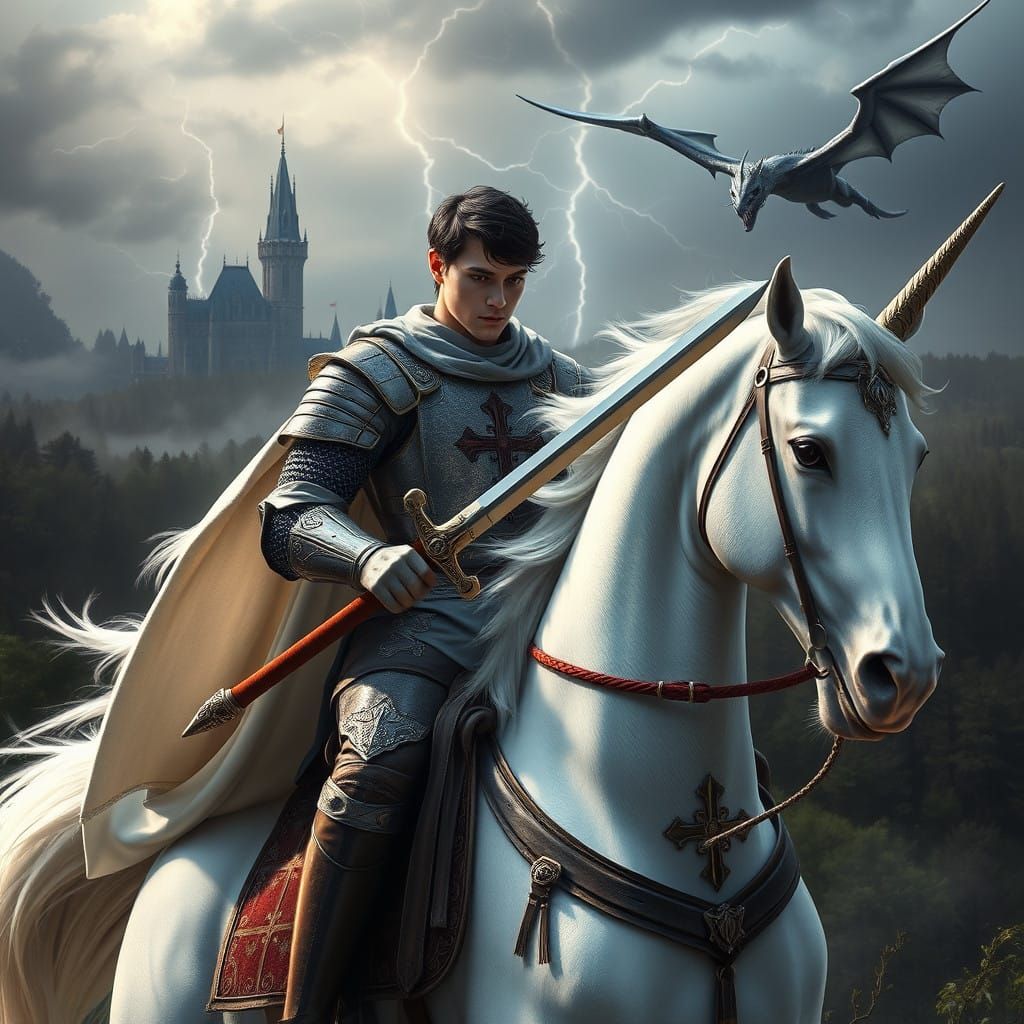 Chiseled Knight on a White Unicorn