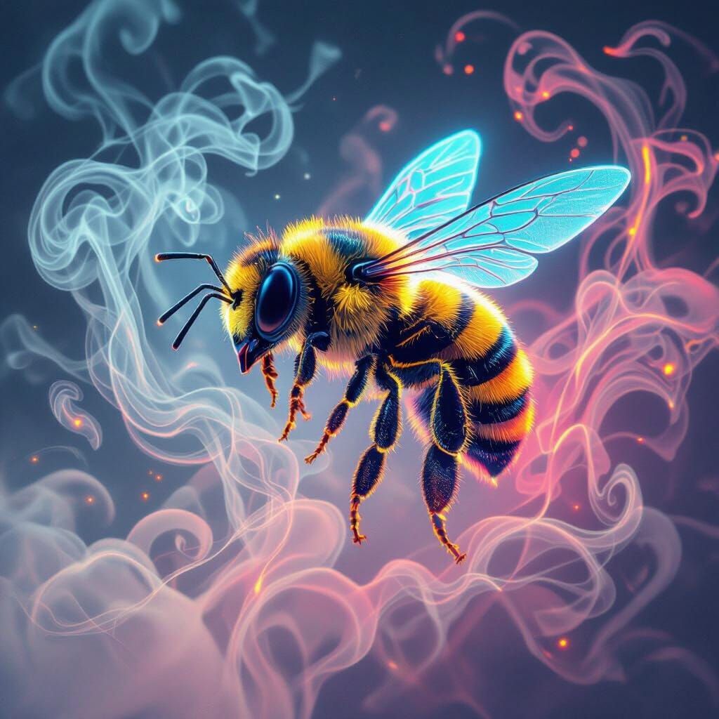 Futuristic Neon Bee in Flight Amidst Smoky Clouds