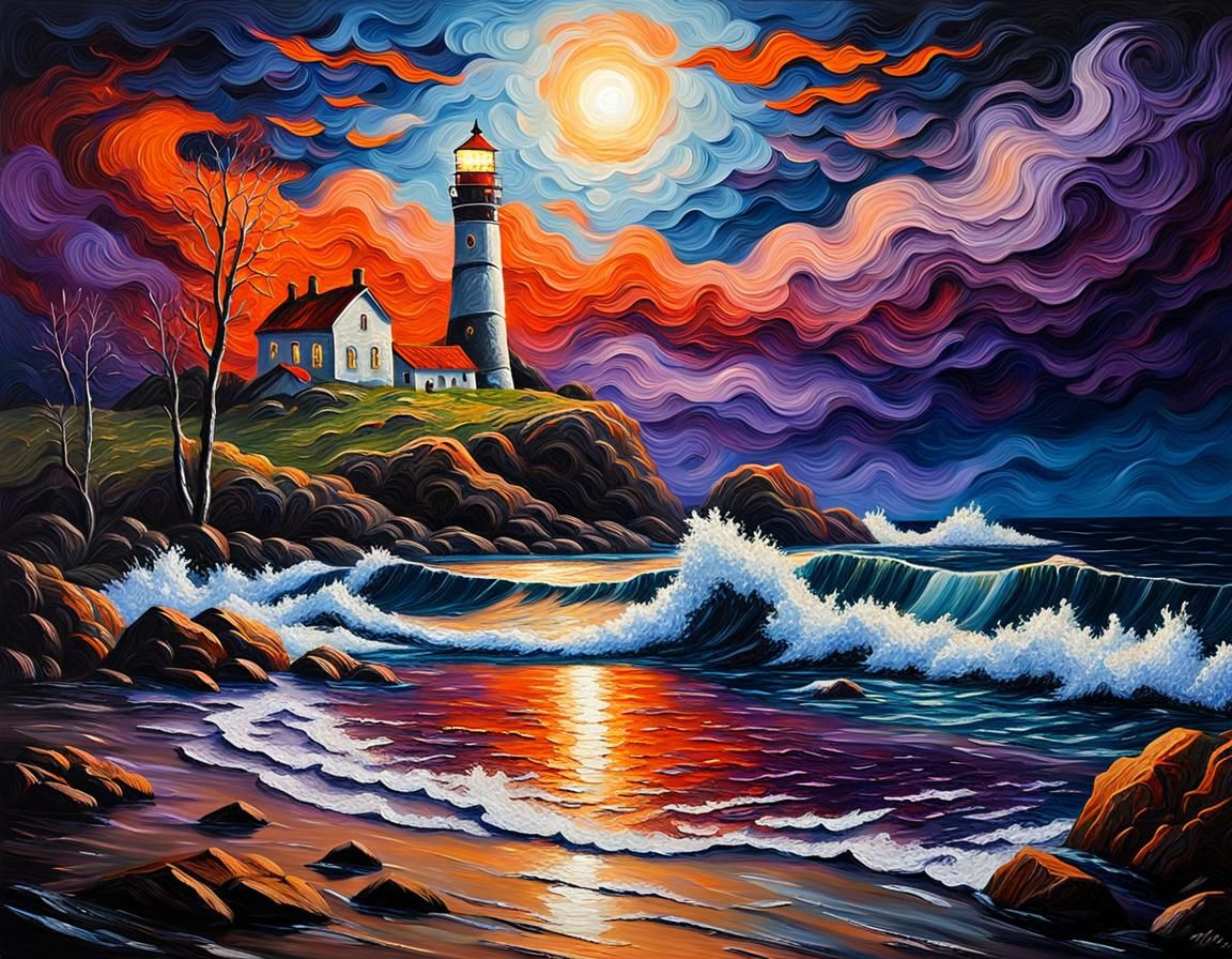 Dramatic Moonlight Fantasy Landscape as Impasto Painting