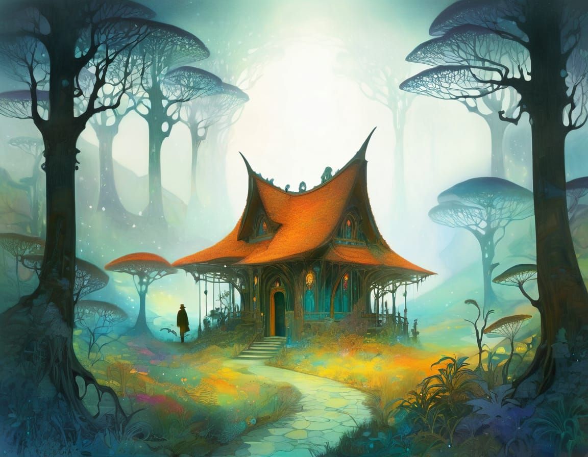 Mysterious Foggy Forest Path in Painterly Style