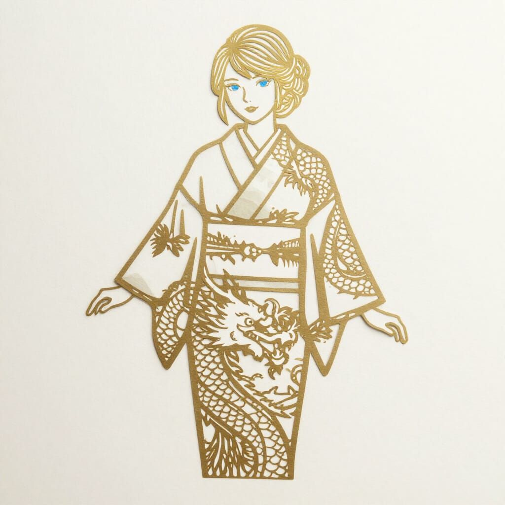 Paper Cut Maiden in Kimono with Dragon