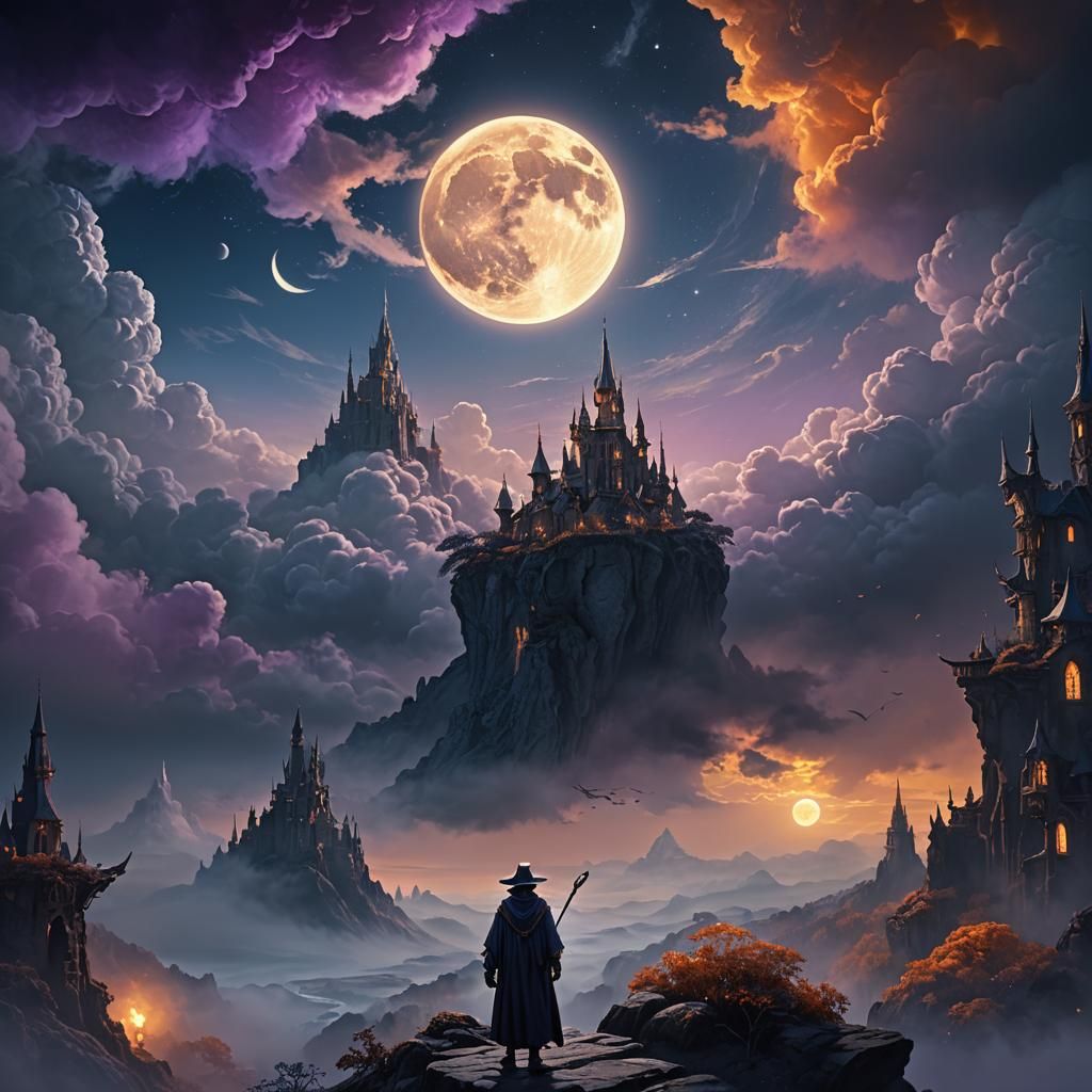 Enchanting Sorceress in a Moonlit Fantasy Landscape
