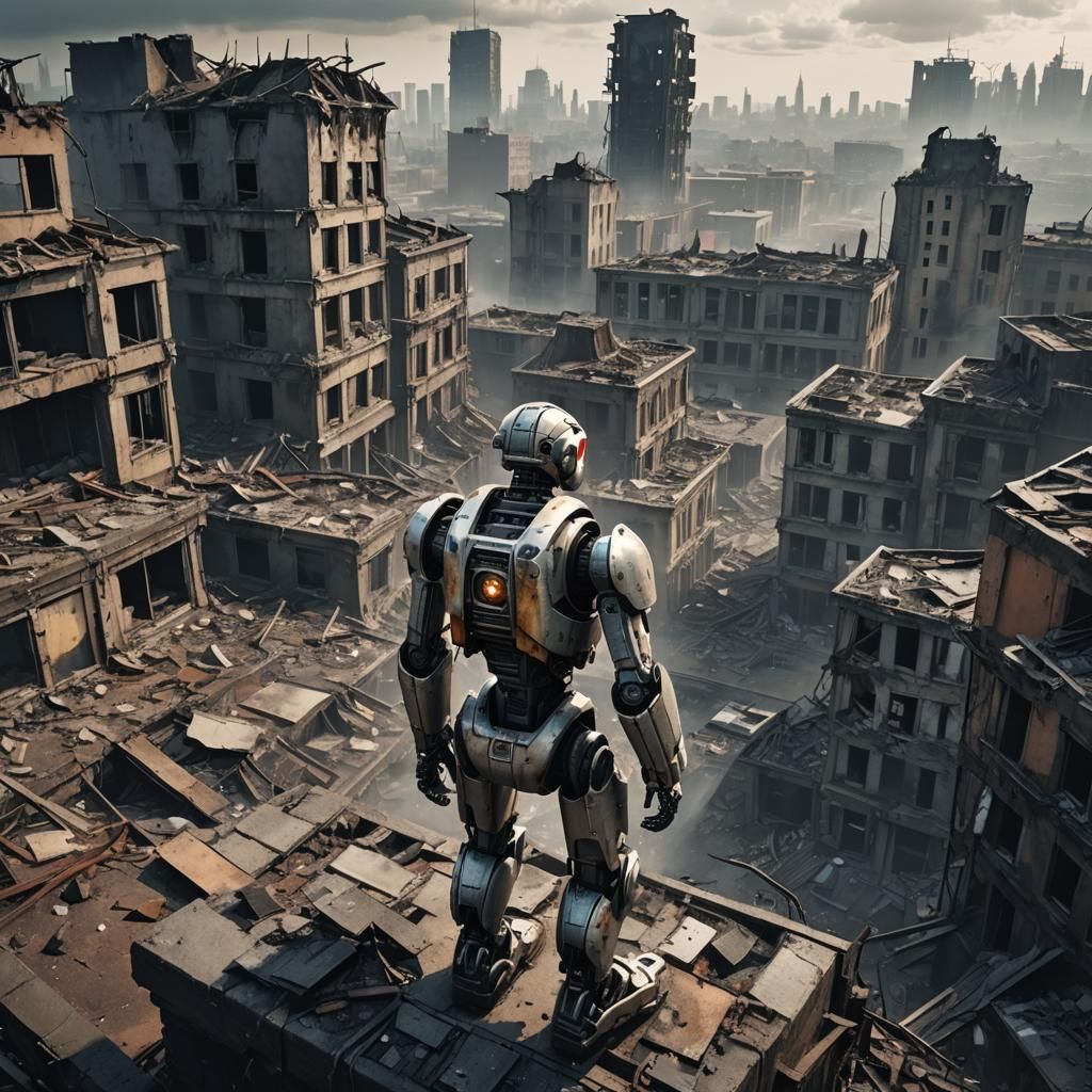 Robot Overlooks Ruined City: Post-Apocalyptic Future