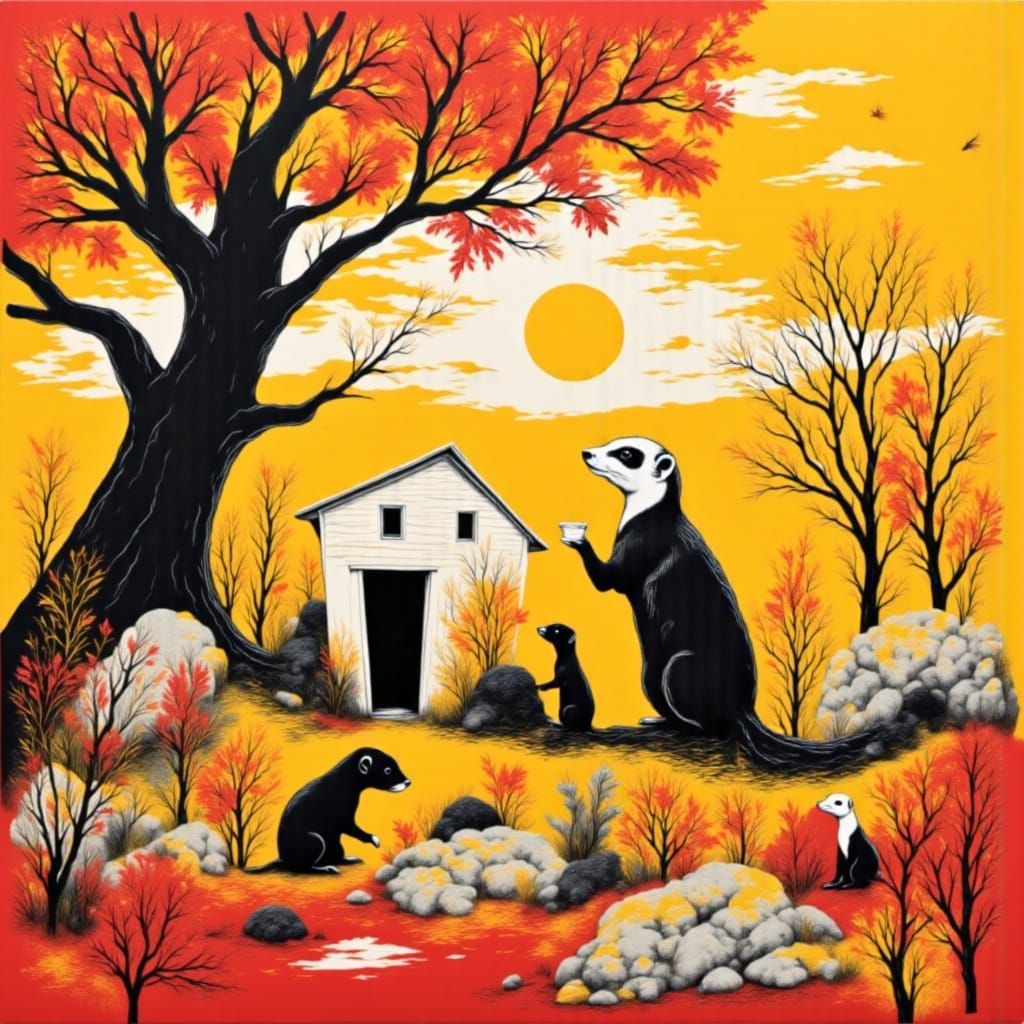 Whimsical Ferret Emerging from Burrow in Autumn Light