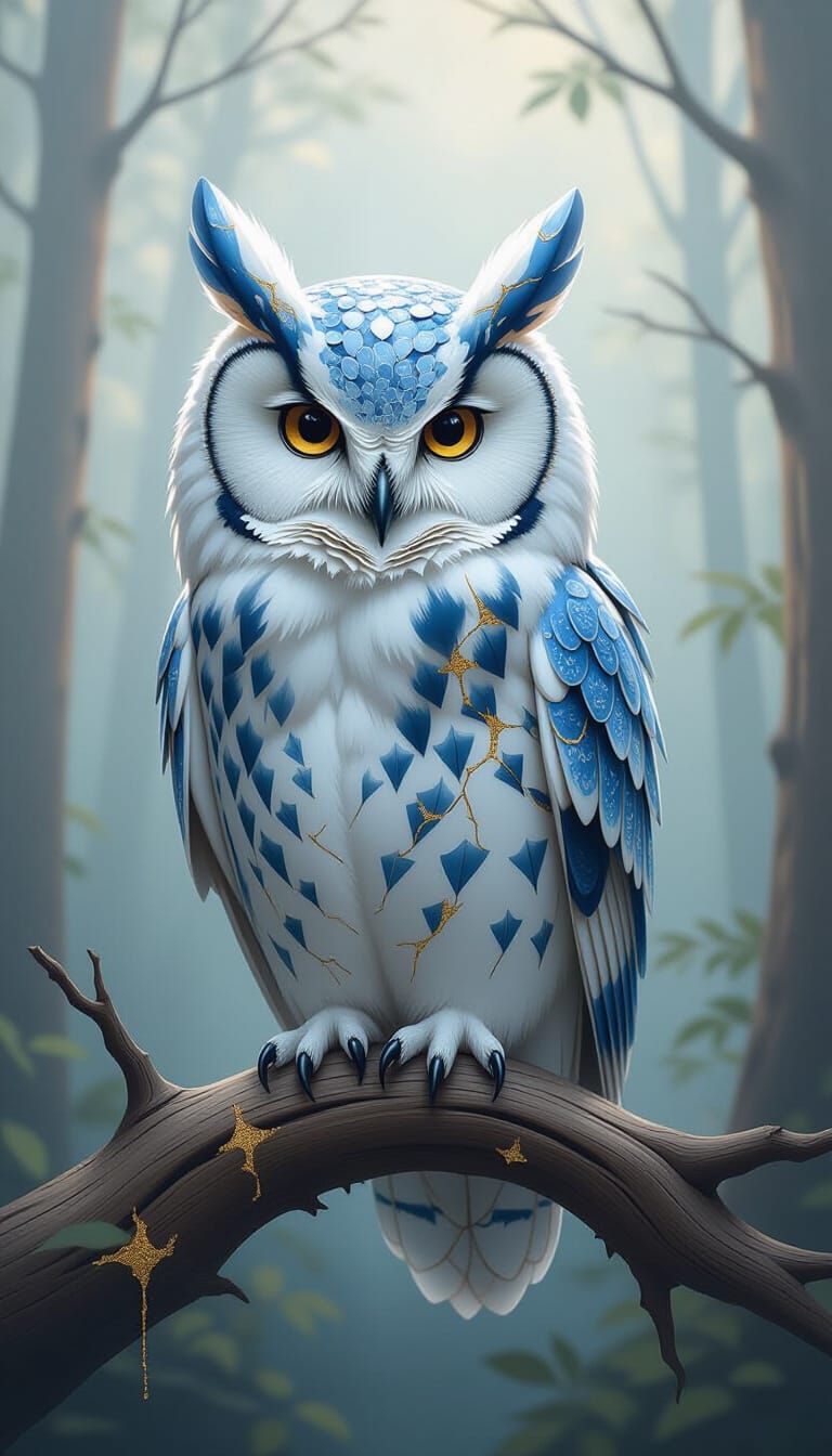 Porcelain Owl with Kintsugi Cracks in Renaissance Style