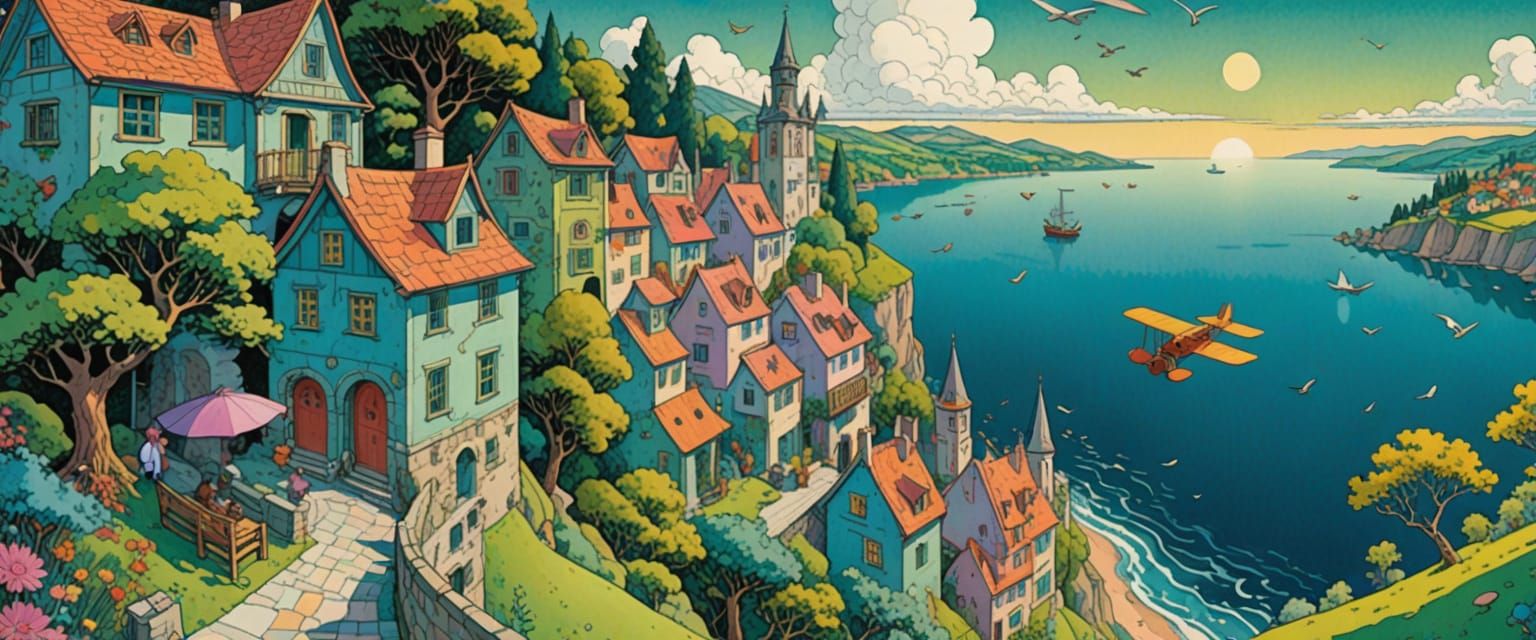 Whimsical Lakeshore Village in Naive Folk Art Style