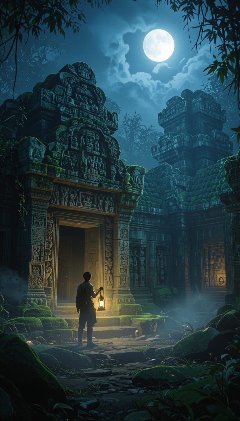 Ancient Jungle Tomb at Night with Archaeologist