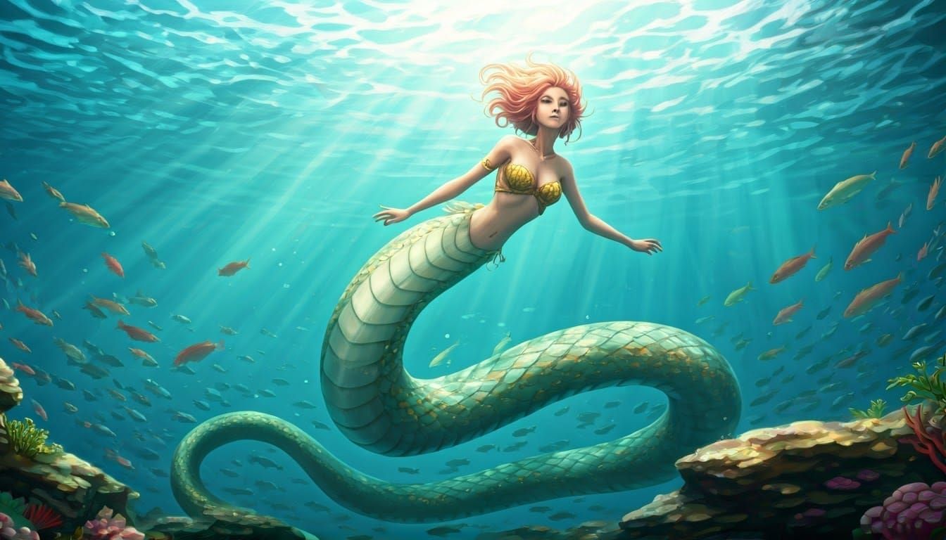 Majestic Naga Goddess Swims in Vibrant Turquoise Ocean