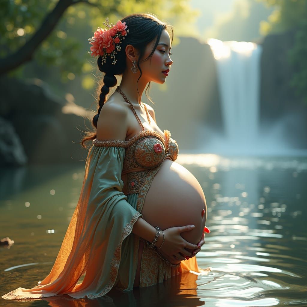 Girl with Distended Belly by River, Art Nouveau Style