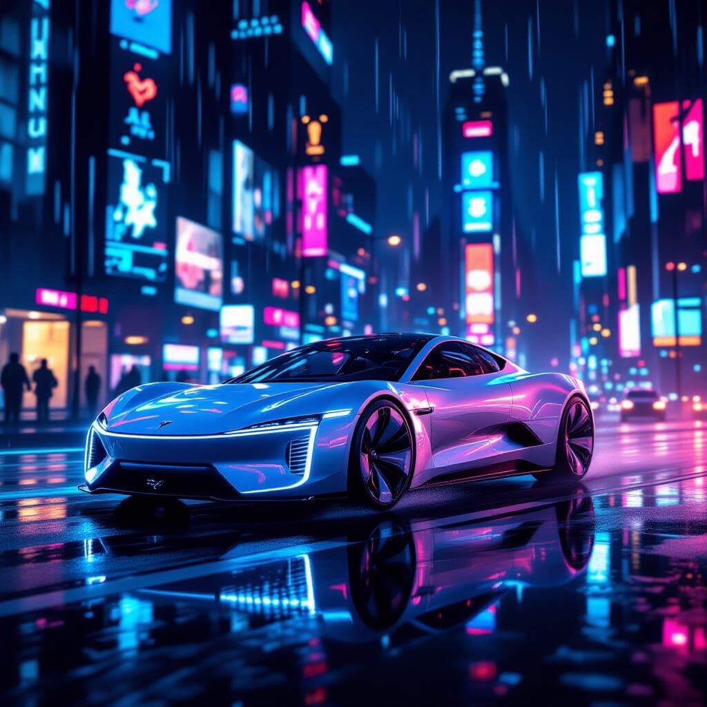 Futuristic Electric Car in Neon Cityscape
