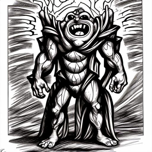 Grotesque Alien Monster: Black and White Cartoon