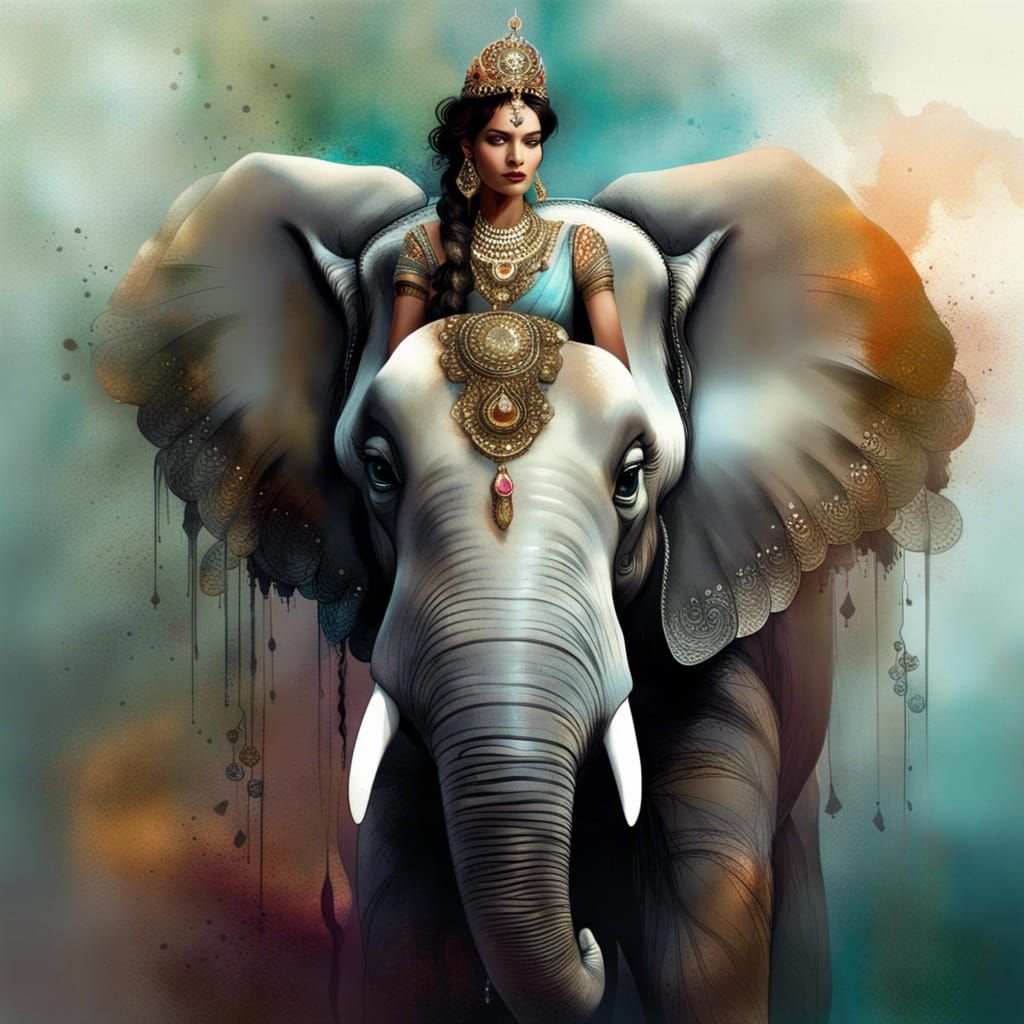 Indian Princess with Elephant in Watercolor Style