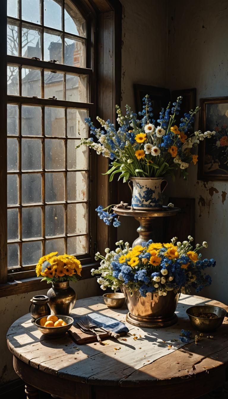 Still Life with Flowers in Delft Blue and Gold