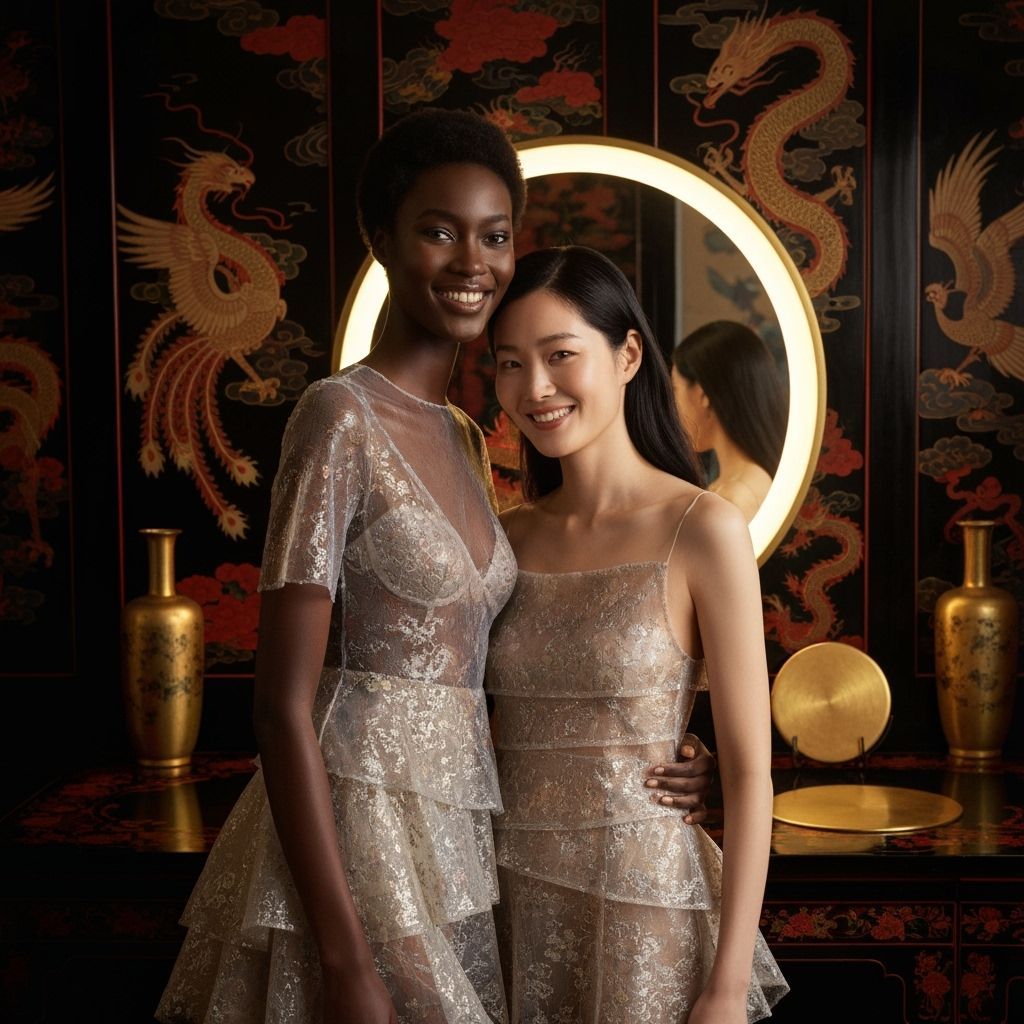 Elegant Women in Shimmering Textiles Under Moonlit Sky