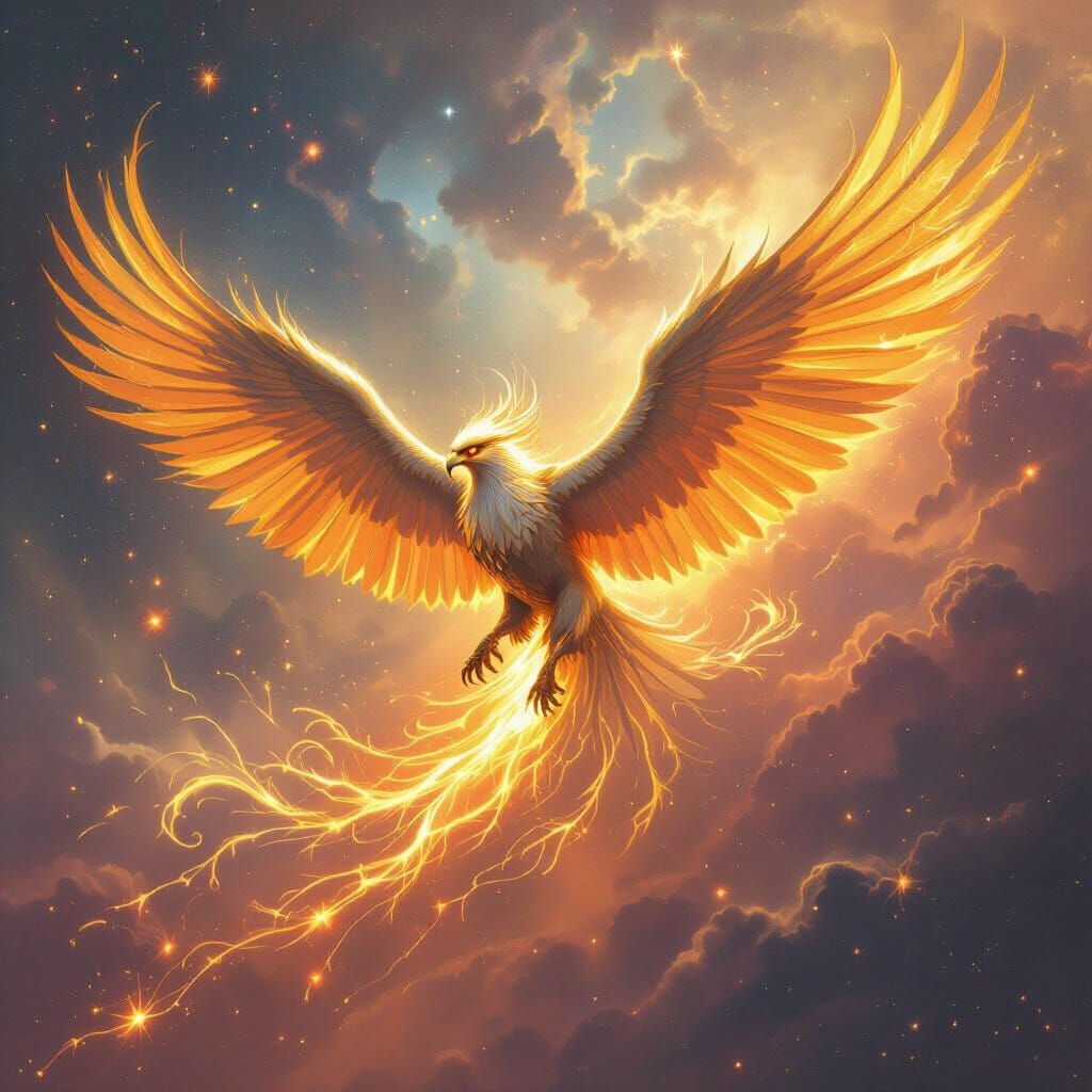 Golden Griffin Soaring Through Cosmic Nebula