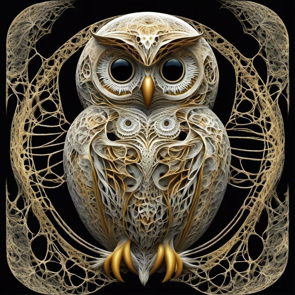 Fractal Owl Family in Enchanted Forest