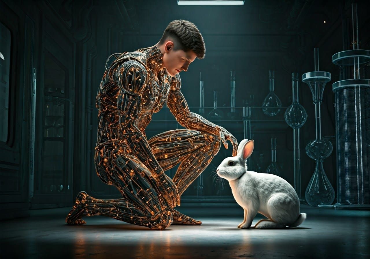 Android in Science Lab Kneels to Pet Rabbit with Intricately...