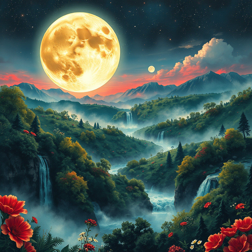 Luminous Moonlit Landscape in Vibrant Watercolor