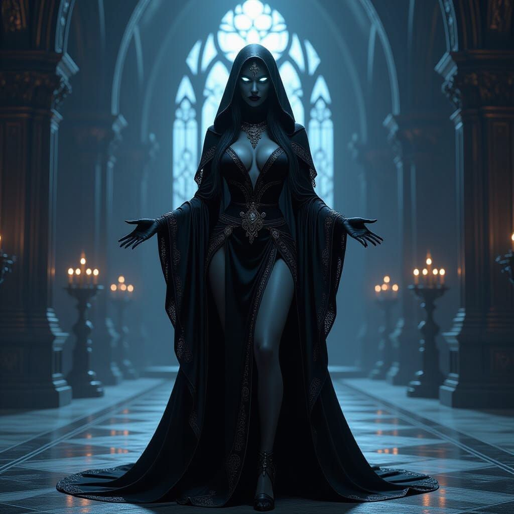 Dark Elf Priestess in Gothic Temple, Cinematic Lighting