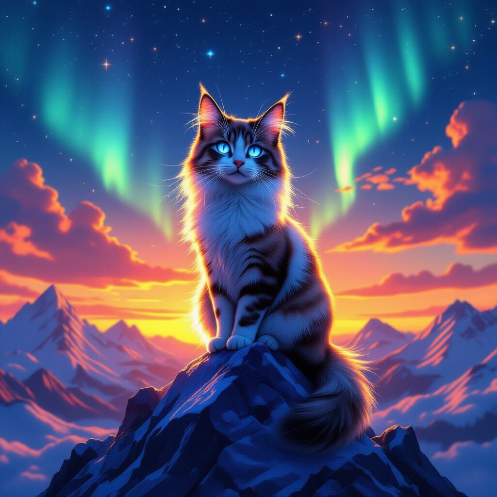 Neon-Eyed Cat on Cosmic Crystal Mountain