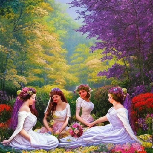 Bridesmaids' Enchanted Forest Picnic: Oil Painting by Gurney
