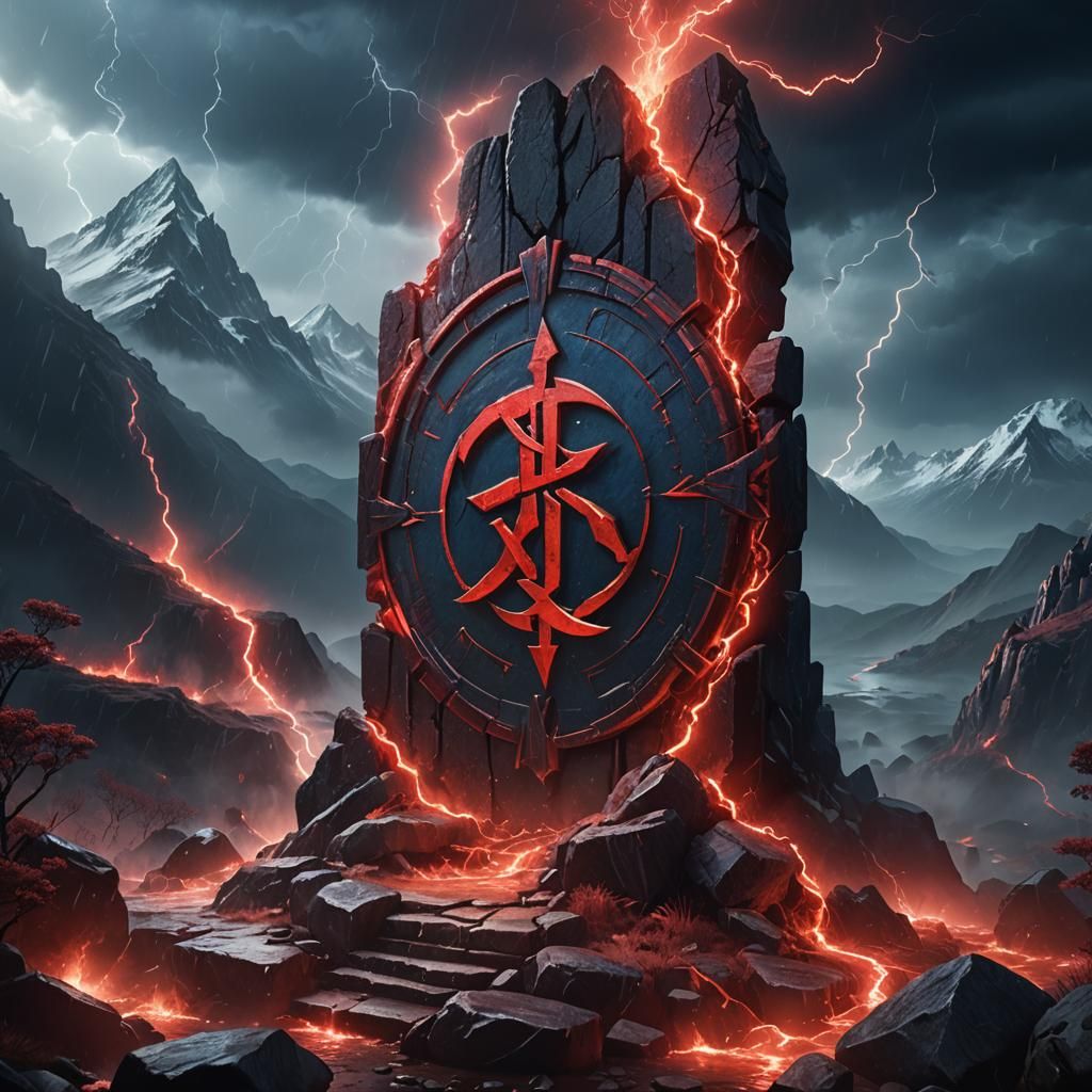 Majestic Stormy Mountain Landscape Illuminated by Red Lightn...