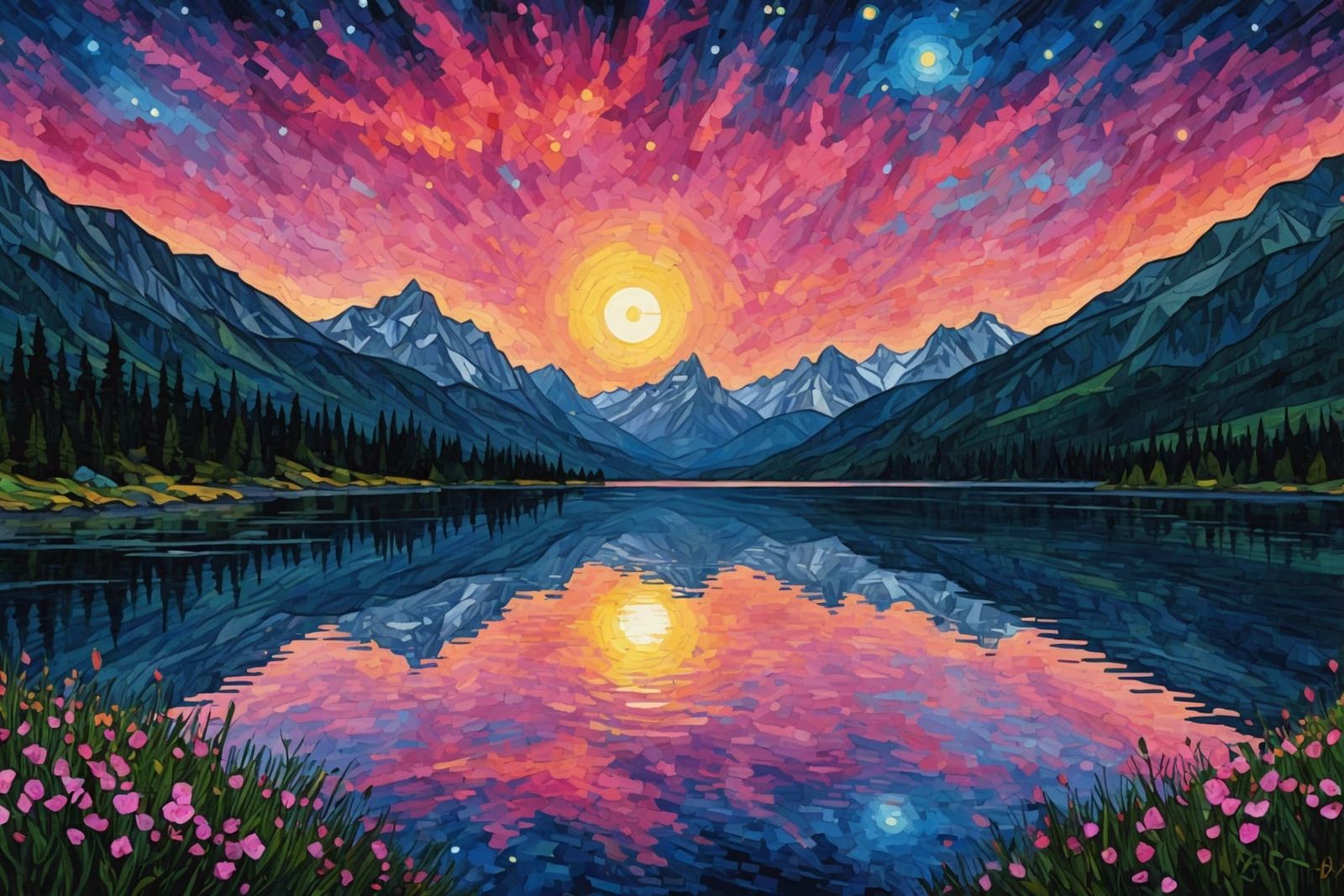 Lake with Pink Flowers in Gothic Watercolor Style