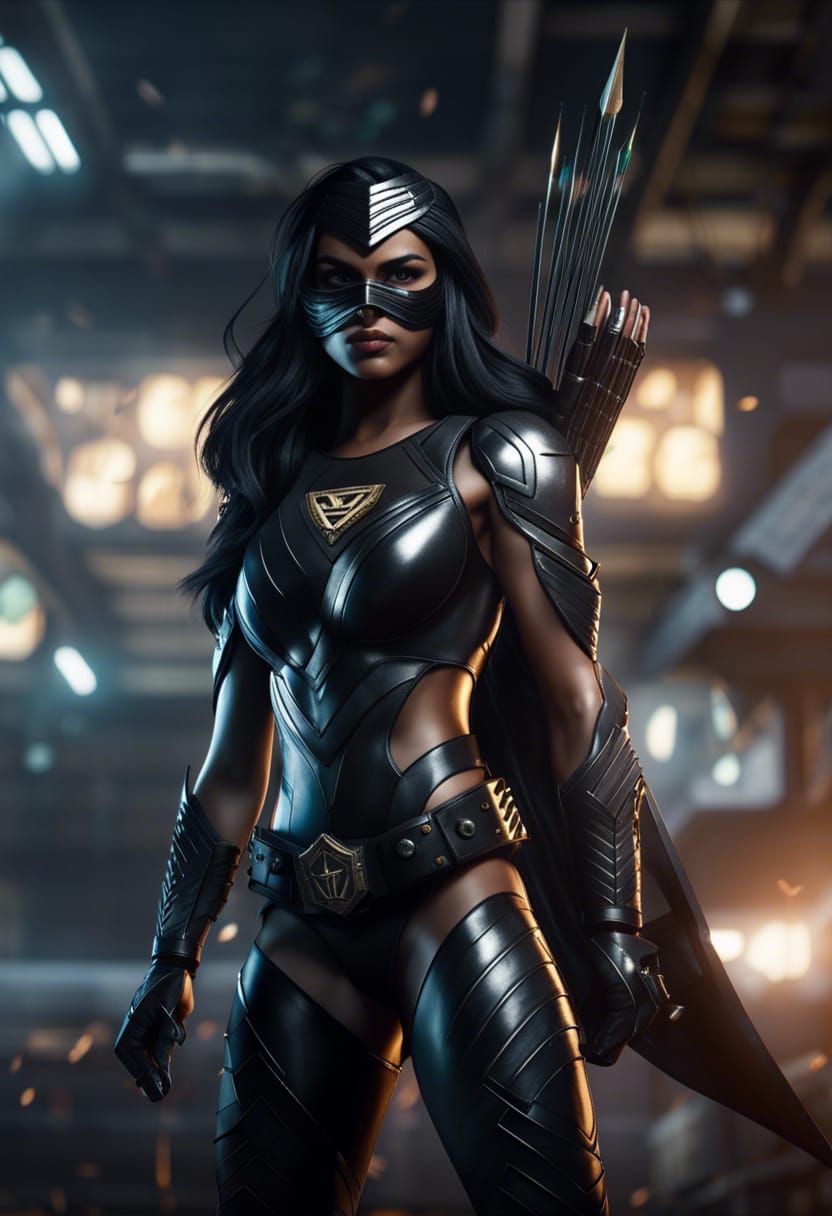 Indian Superheroine in Tactical Armor on Rooftop