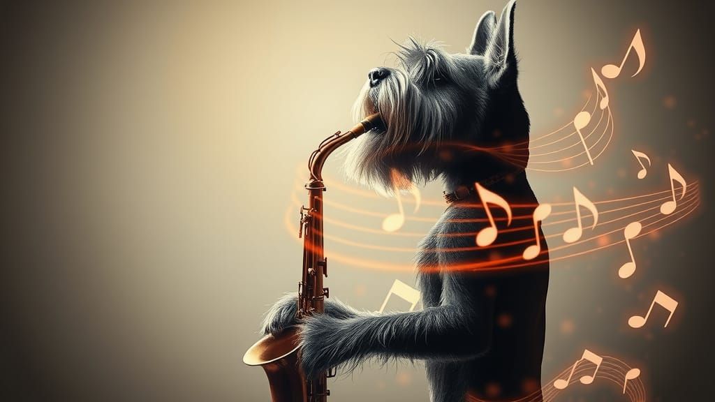 /imagine prompt: a captivating double exposure of a schnauzer standing sideways while playing a saxophone, his form harm...