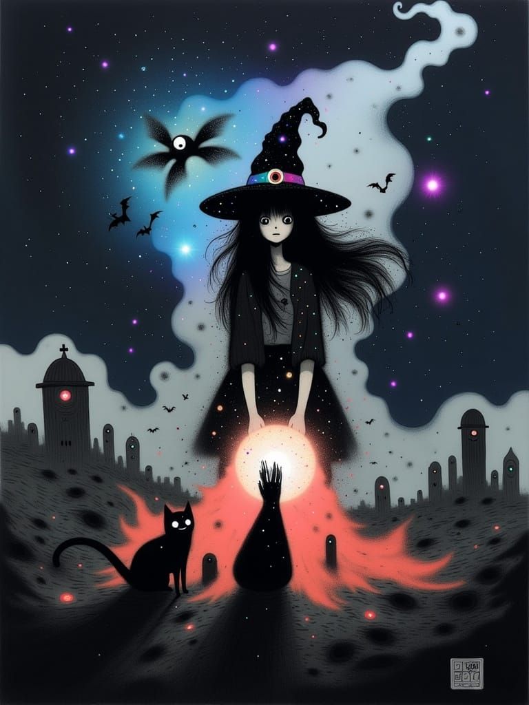 Halloween Witch and Cats Spellcasting in Cemetery