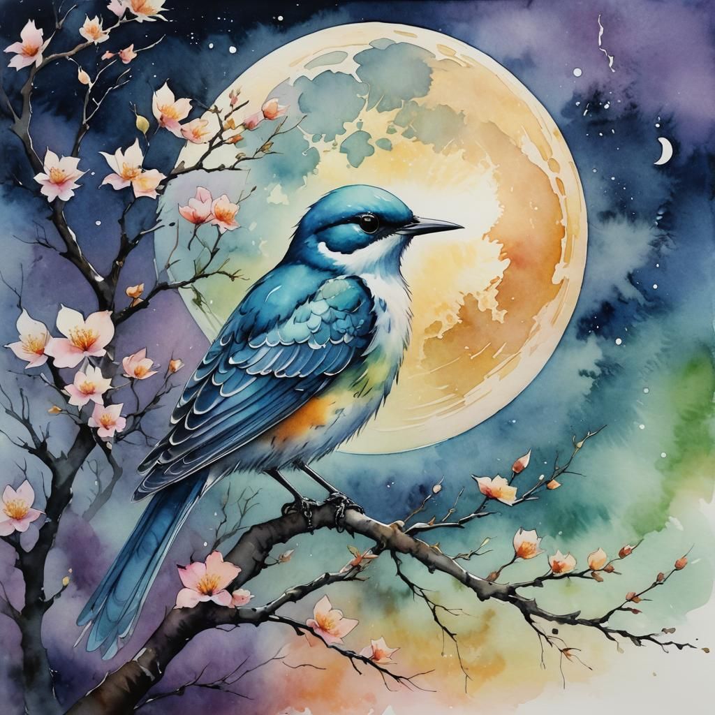 Colorful Bird Under Moon at Dawn in Watercolor
