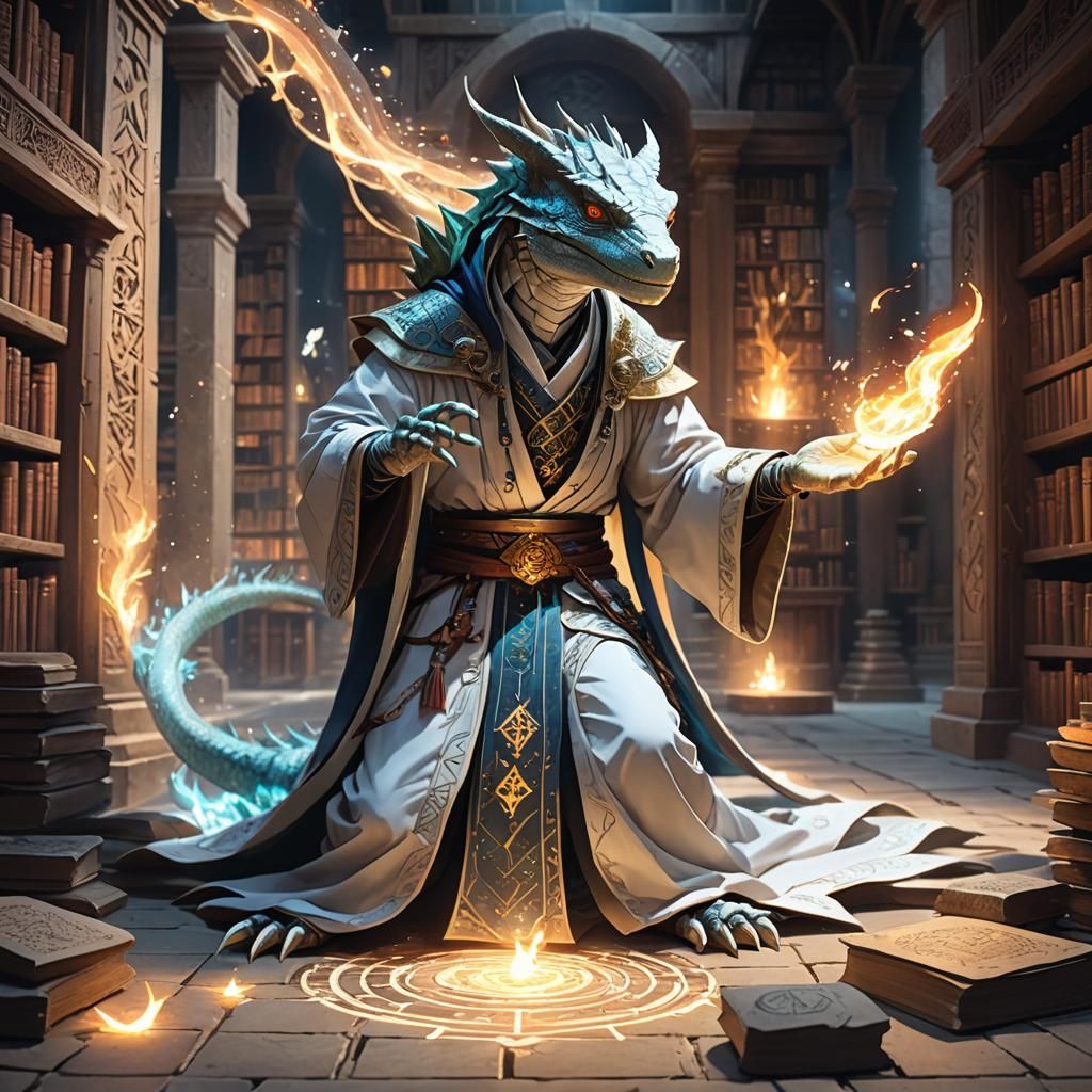 Lizardfolk Mage Casting Spell in Anime Style