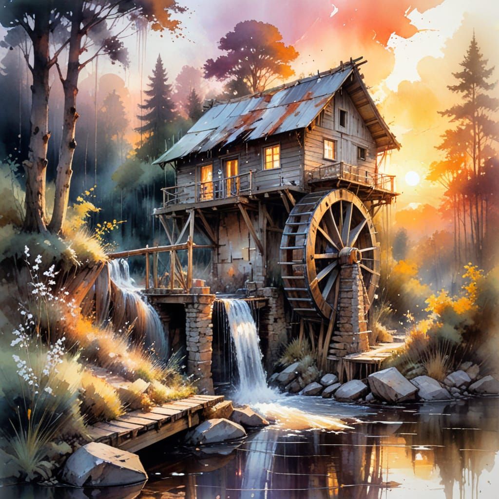 Rustic Waterwheel at Sunset: Watercolor Painting