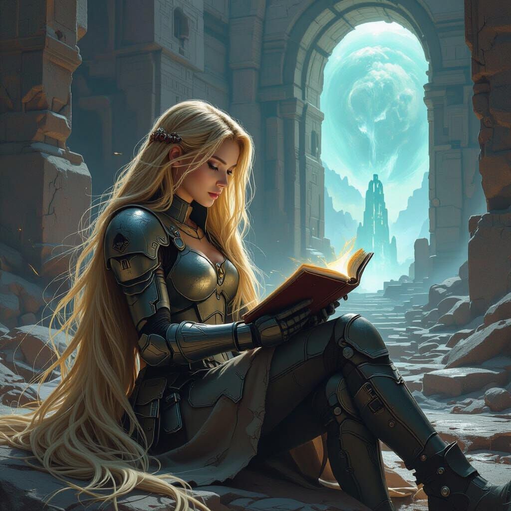 Rapunzel in Cyberpunk Armor in Ancient Ziggurat