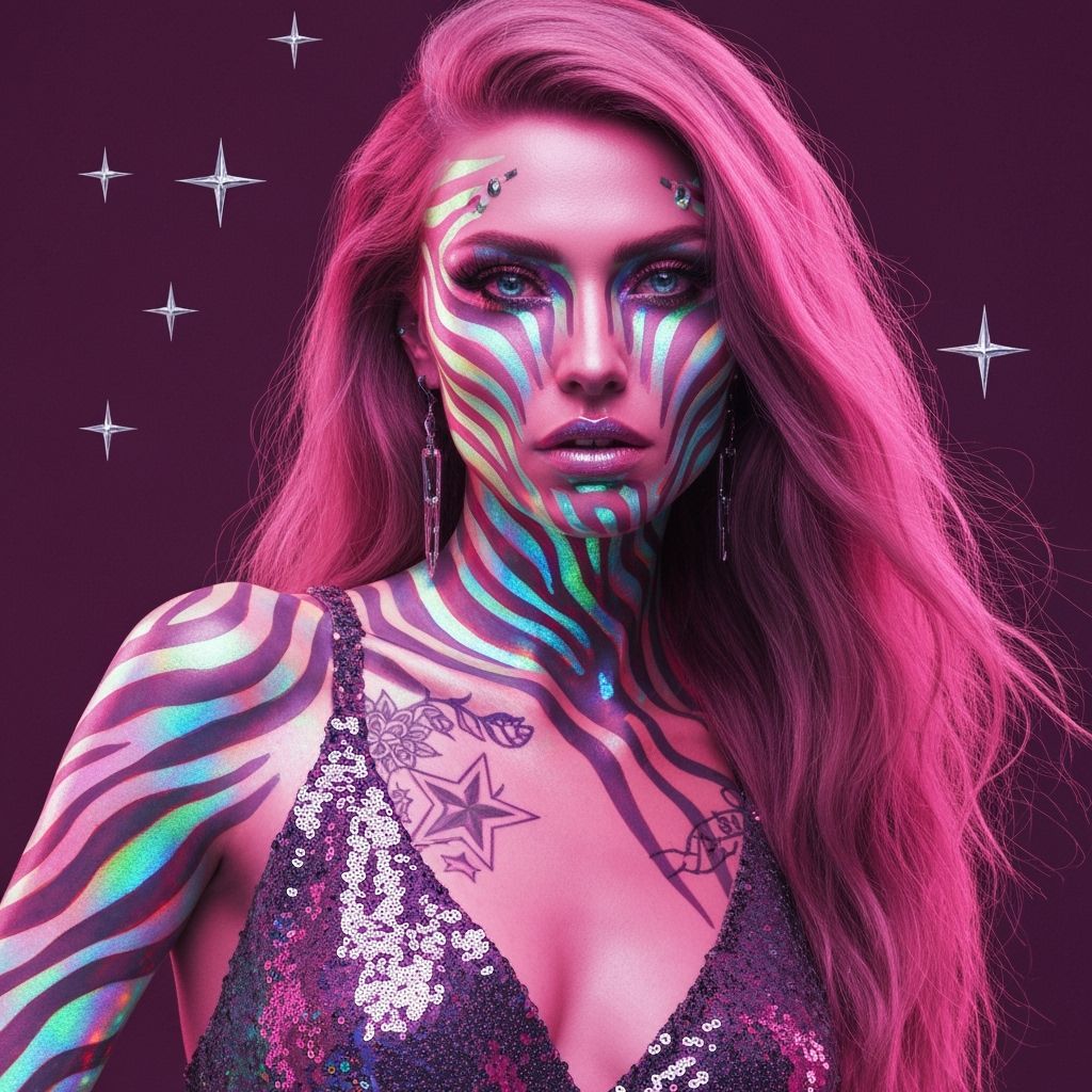 Retro-Futuristic Model with Iridescent Zebra Skin in 80s Sty...