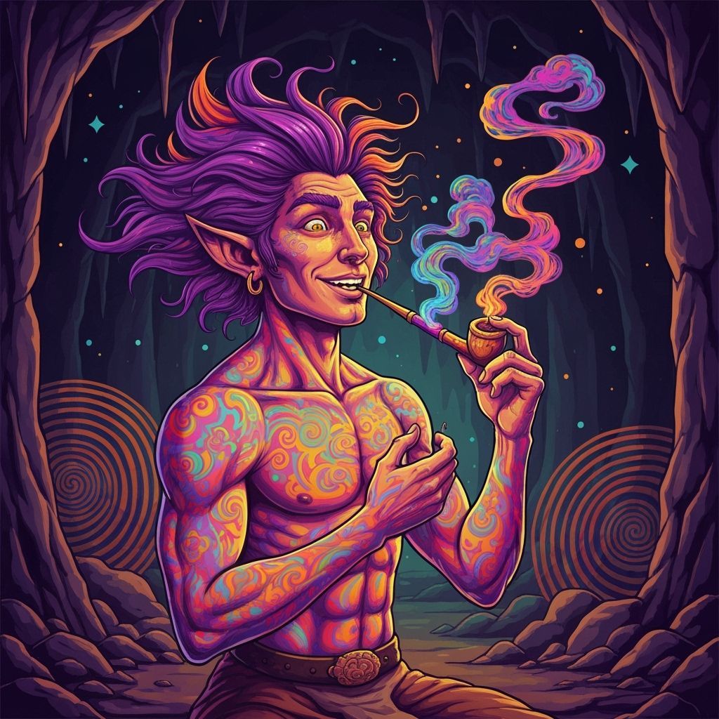 Psychedelic Satyr Smoking in Dimly Lit Cavern