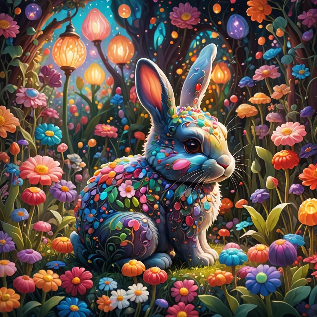 Jellybean Bunny in Fantastical Garden: Oil Painting