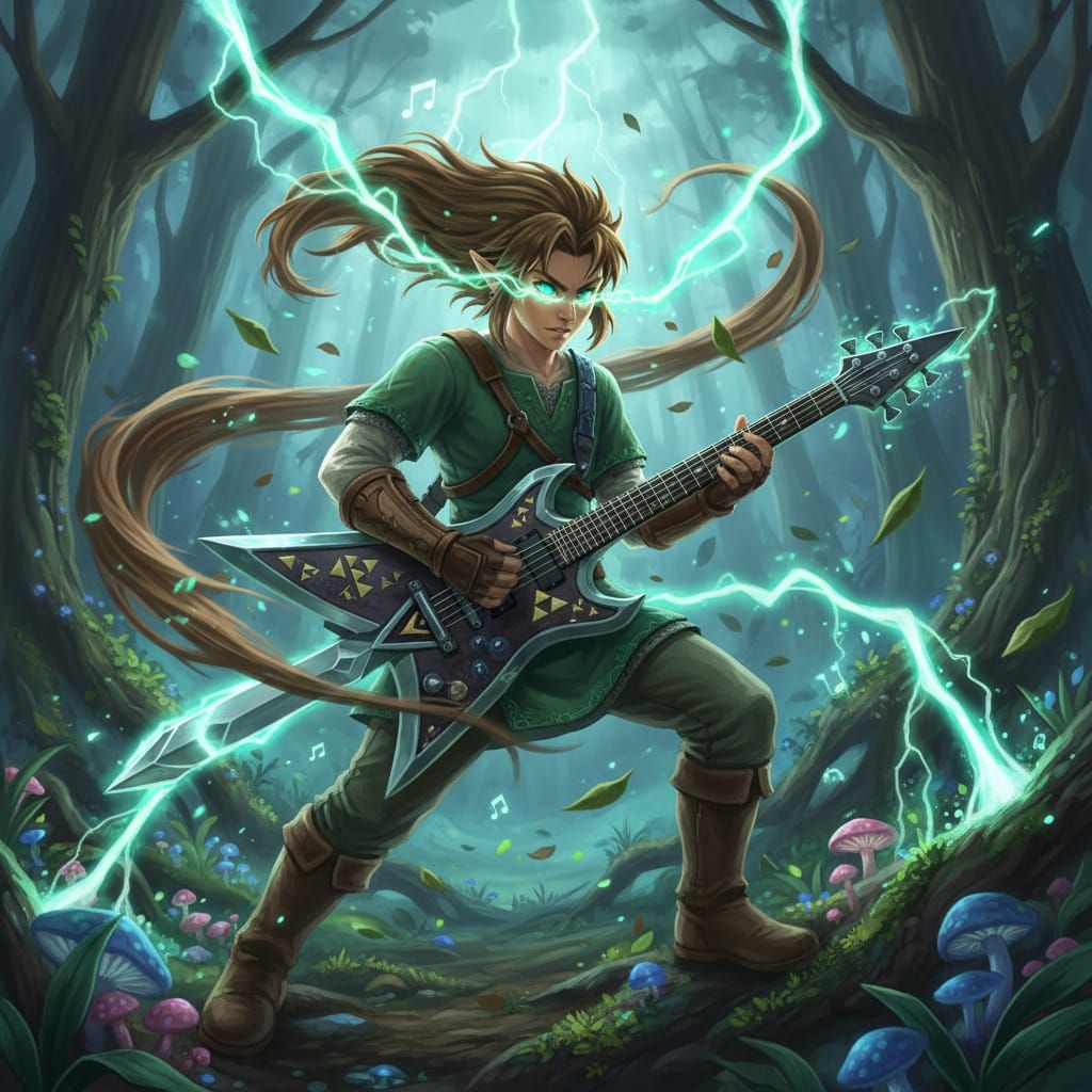 Link Shreds Guitar in Magical Forest with Green Lightning