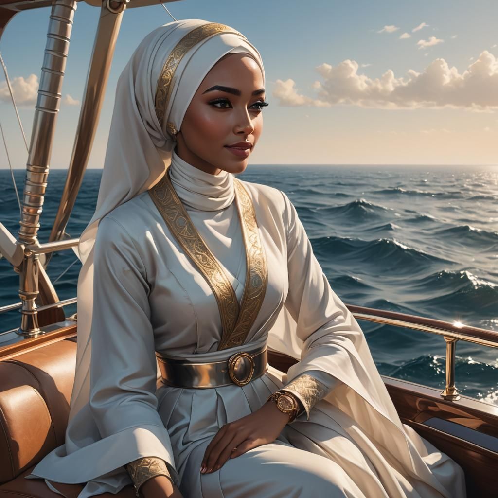 Hijab-Wearing Woman on Yacht, Detailed Digital Art