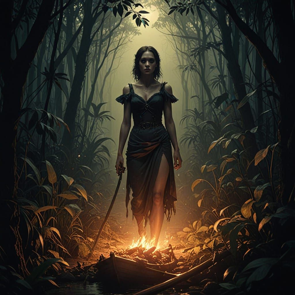 Gothic Jungle Boat Journey in Eerie Muted Tones