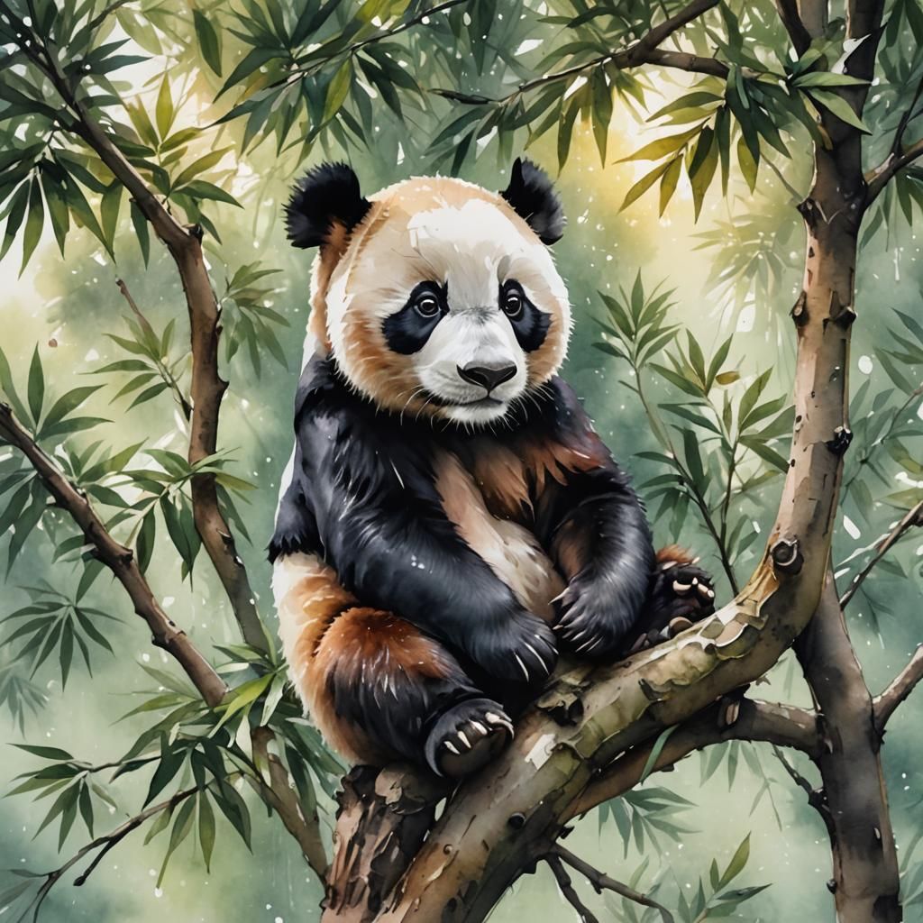 Hyper-Realistic Watercolor Panda in Tree