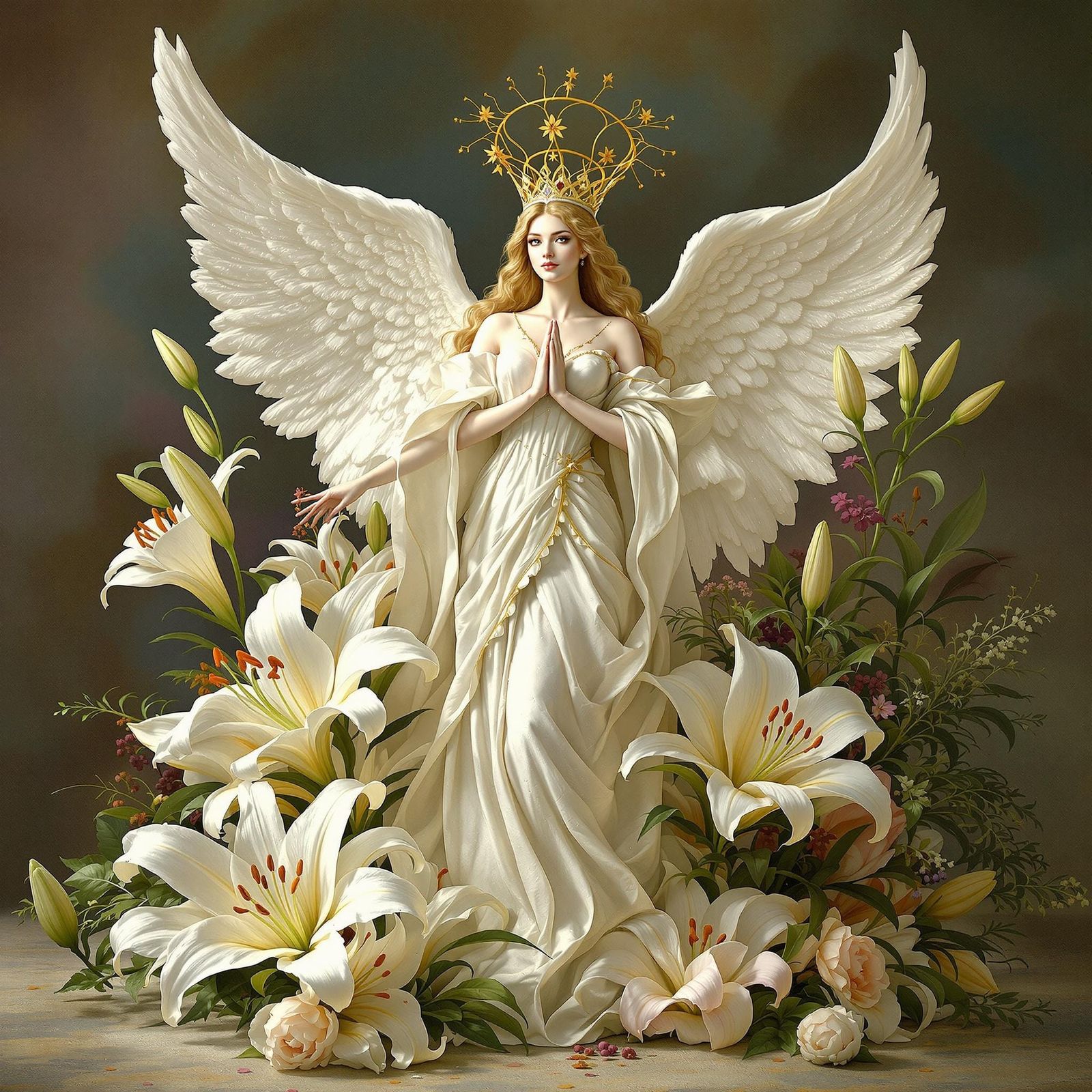 Ethereal Angel Queen Amidst Easter Lilies