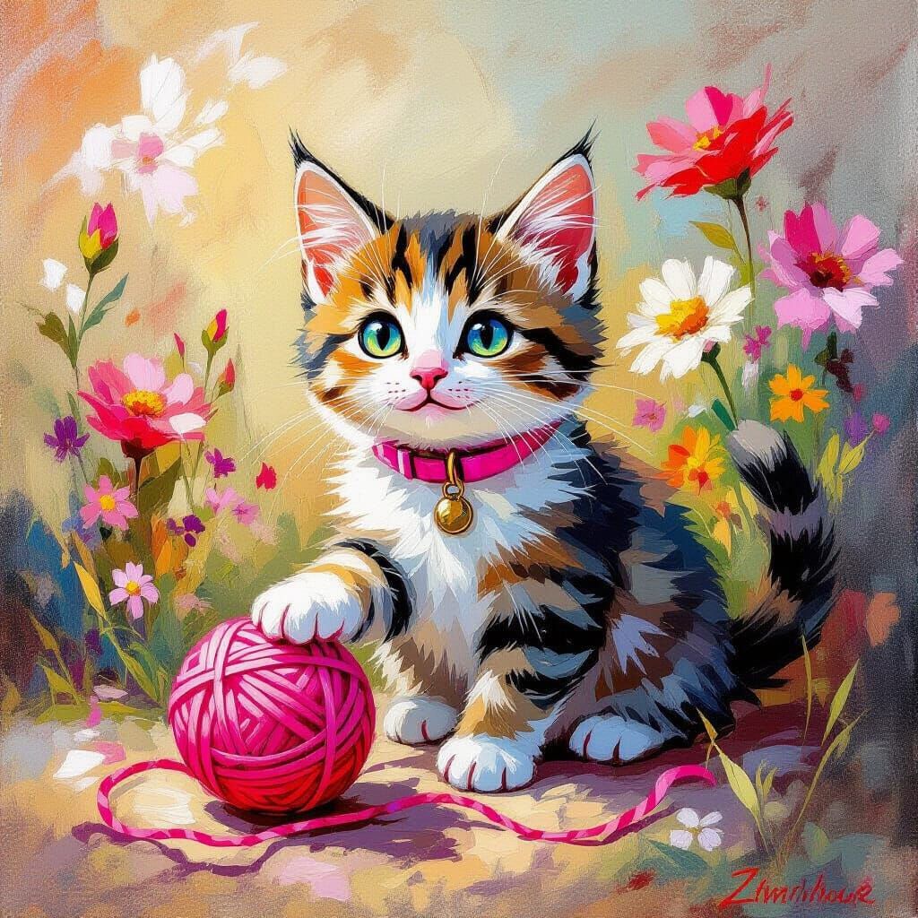 Joyful Cat Playing with Yarn in Vibrant Floral Setting